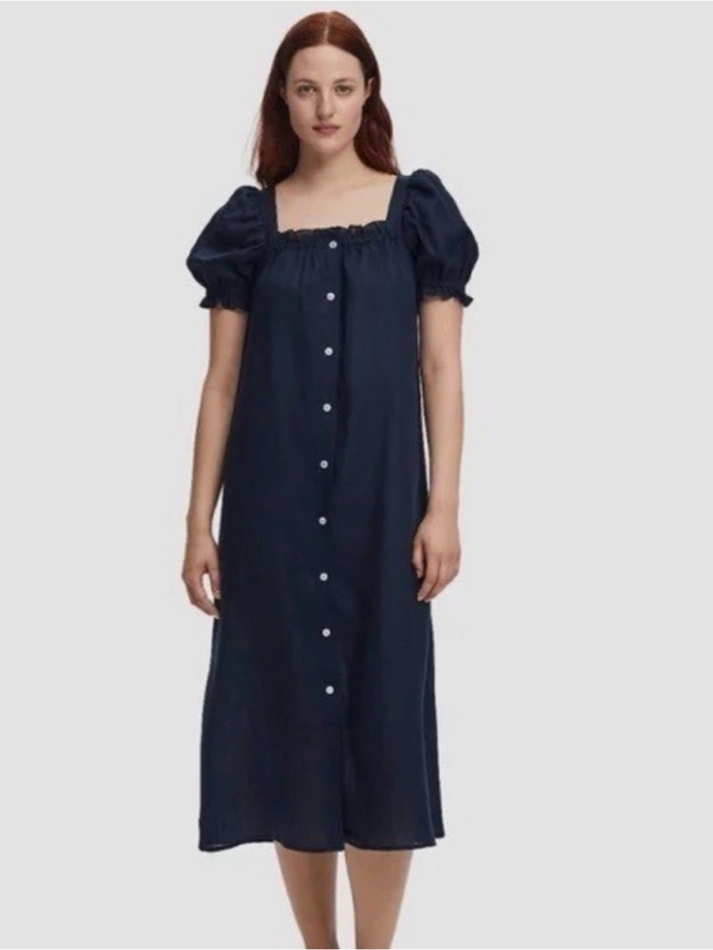 Sleeper Button-Front Midi Dress with Puff Sleeves L Minimalist Lagenlook NWOT